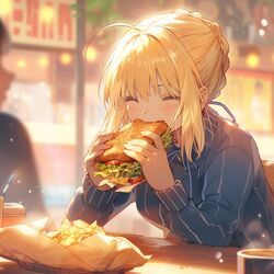  ai-generated artoria_pendragon_(fate) blonde_hair blurry blurry_background blush closed_eyes eating fast_food fate/stay_night fate_(series) food saber_(fate) sandwich short_hair tarte_(hodarake) 