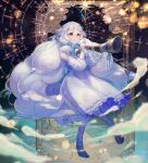 1girl animal_ears back_bow bell blue_bow blue_bowtie blue_ribbon bow bowtie braid closed_mouth clouds dress hair_ribbon highres holding holding_instrument hooves horn_(instrument) horns instrument ito_haruko leg_ribbon long_hair neck_bell original ribbon sheep_ears sheep_girl sheep_horns sky solo star_(sky) star_(symbol) starry_sky twin_braids veil white_dress yellow_eyes 