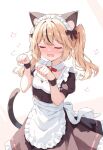  1girl ai-generated animal_ears apron black_hair blonde_hair breasts cat_ears cat_tail closed_eyes fake_animal_ears highres maid_apron maid_headdress multicolored_hair original paw_pose redraw_0 simple_background small_breasts solo streaked_hair tail twintails 