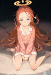  1girl absurdres barefoot blue_archive blue_eyes bow braid buttons commentary forehead hair_bow halo highres long_hair long_sleeves looking_at_viewer pajamas parted_lips pink_pajamas redhead sitting solo symbol-only_commentary toes wariza white_bow yellow_halo youyueyue yuzu_(blue_archive) 