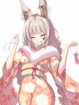  1girl animal_ear_fluff animal_ears braid breasts cat_ears closed_eyes cowboy_shot facepaint facial_mark facing_viewer floral_print_kimono flower_knot fur-trimmed_kimono fur_trim grey_hair hands_up highres holding japanese_clothes kimono long_hair nia_(blade)_(xenoblade) nia_(xenoblade) obi okazu2010015 sash small_breasts smile solo twin_braids very_long_hair white_background x xenoblade_chronicles_(series) xenoblade_chronicles_2 yellow_kimono 