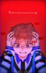  1boy blue_eyes crying crying_with_eyes_open english_text kayano_mikoto male_focus milgram non-web_source red_background redhead sopenarian0531 tears 