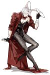  1boy animal_ears bishounen black_gloves blue_eyes bulge coat crossdressing dante_(devil_may_cry) devil_may_cry_(series) devil_may_cry_5 fake_animal_ears gloves high_heels highres long_hair male_focus male_playboy_bunny otoko_no_ko playboy_bunny rabbit_boy rabbit_ears rabbit_tail red_coat simple_background smile solo tail weibo_7054093389 white_hair 