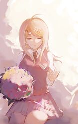  1girl ahoge akamatsu_kaede bouquet closed_eyes collared_shirt danganronpa_(series) danganronpa_v3:_killing_harmony facing_viewer flower fu_ga_(vivi912912) hair_ornament highres holding holding_bouquet long_hair miniskirt musical_note musical_note_hair_ornament parted_lips pink_flower pink_skirt pink_sweater_vest pleated_skirt shirt sitting skirt solo sweater_vest teeth white_background white_shirt 