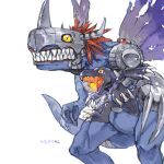  agumon_(black) blue_tail breathing_fire claws cyborg digimon digimon_(creature) dinosaur fire grey_horns helmet highres horns level-00 mechanical_arms metalgreymon_virus no_humans open_mouth sharp_teeth simple_background teeth white_background yellow_eyes 