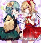 2boys :o aqua_hair blonde_hair blue_eyes bow bowtie candy closed_mouth collared_shirt commentary cowboy_shot eyelashes flandre_scarlet food frilled_bowtie frilled_shirt_collar frilled_skirt frilled_sleeves frilled_wrist_cuffs frills green_sailor_collar green_skirt hair_bow heart heart_hands heart_hands_duo heart_of_string highres holding_hands komeiji_koishi light_blush lollipop long_hair long_sleeves looking_at_viewer miniskirt multiple_boys nail_polish no_headwear one_side_up parted_lips pointy_ears puffy_short_sleeves puffy_sleeves purple_background red_bow red_eyes red_nails red_skirt red_vest red_wrist_cuffs sailor_collar shirt short_hair short_sleeves single_wrist_cuff skirt skirt_set sleeve_bow smile sparkle star_(symbol) striped striped_background suzune_hapinesu symbol-only_commentary third_eye touhou two-tone_background vest white_background white_shirt white_sleeves wide_sleeves wrist_cuffs yellow_bow yellow_bowtie yellow_shirt yellow_sleeves 