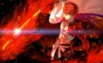  1boy absurdres emiya_shirou fate/grand_order fate_(series) fire game_cg highres holding holding_sword holding_weapon muscular non-web_source official_art orange_hair senji_muramasa_(fate) short_hair solo sword takeuchi_takashi weapon yellow_eyes 