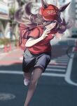  absurdres alternate_costume backpack bag black_pantyhose black_shorts blurry blurry_background brown_hair ears_through_headwear employee_uniform fuwamozzi highres horse_girl long_hair name_tag pantyhose photo_background red_bag red_headwear red_shirt rice_shower_(umamusume) running shirt shoes shorts sneakers t-shirt umamusume uniform violet_eyes white_footwear 