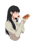  1girl biting black_hair blush cropped_torso eating edomon-do food grey_sweater hands_up highres holding holding_food kuroha_(mona_lisa_no_zaregoto) long_hair long_sleeves looking_ahead profile simple_background sleeves_past_wrists solo sweater takoyaki turtleneck turtleneck_sweater upper_body white_background 