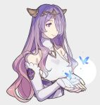  1girl bare_shoulders bug butterfly camilla_(adrift)_(fire_emblem) camilla_(fire_emblem) closed_mouth cropped_torso dress elbow_gloves fake_horns fingerless_gloves fire_emblem fire_emblem_fates fire_emblem_heroes gloves haconeri hair_ornament hair_over_one_eye horns long_hair official_alternate_costume one_eye_covered purple_hair simple_background sleeveless sleeveless_dress smile solo very_long_hair violet_eyes wavy_hair white_background white_dress white_gloves 