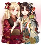  2girls absurdres arrow_(projectile) black_hair black_ribbon blonde_hair bow ereshkigal_(fate) fate/grand_order fate_(series) floral_print floral_print_kimono flower gradient_background hair_bow hair_flower hair_ornament hamaya hand_on_another&#039;s_shoulder highres infinity_symbol ishtar_(fate) japanese_clothes jewelry kimono long_hair looking_at_viewer multiple_girls nakanohiro new_year omikuji parted_lips print_kimono red_bow red_eyes red_kimono ribbon simple_background smile two_side_up upper_body white_kimono wide_sleeves 