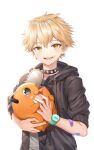  1boy absurdres aged_down bandaid bandaid_on_arm black_collar black_hoodie blonde_hair carrying chainsaw_man collar denji_(chainsaw_man) fangs highres hood hoodie kiunchiku male_focus open_mouth pochita_(chainsaw_man) sharp_teeth smile teeth upper_body watch watch yellow_eyes 