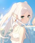  1girl alternate_costume blurry blurry_background commentary_request earrings elf frieren green_eyes highres inuyama_nanami jewelry long_hair looking_at_viewer ocean pointy_ears portrait shirt sky solo sousou_no_frieren thick_eyebrows white_hair white_shirt 