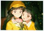  2girls cardcaptor_sakura child christmas daidouji_tomoyo double_bun flower hair_bun happy highres li_meiling ling5707 looking_at_viewer multiple_girls open_mouth pink_flower red_eyes smile violet_eyes yellow_headwear 