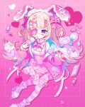  1girl animal_ears blonde_hair bow candy chocolate dress eating eyepatch fake_animal_ears food full_body hair_bow highres original pink_background pink_bow pink_dress pink_eyes rabbit_ears saijo1201 striped striped_thighhighs thigh-highs white_chocolate 