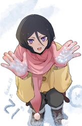  1girl :d black_hair black_pants bleach brown_footwear cmwl_514 gloves hair_between_eyes highres jacket kuchiki_rukia looking_at_viewer open_mouth pants red_scarf scarf shoes short_hair smile snow solo teeth twitter_username upper_teeth_only violet_eyes yellow_jacket 