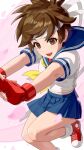  1girl blue_skirt brown_eyes brown_hair commentary_request eyelashes feet_out_of_frame fingerless_gloves full_body gloves hairband highres kasugano_sakura open_mouth pleated_skirt red_footwear red_gloves sailor_collar sailor_shirt shirt shoes short_hair skirt smile street_fighter street_fighter_zero_(series) teeth upper_teeth_only white_hairband yagi2013 