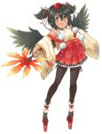  1girl artist_request black_hair black_thighhighs black_wings blush bow brown_eyes detached_sleeves feathered_wings full_body game_cg geta hair_between_eyes hand_fan hauchiwa holding holding_fan looking_at_viewer monster_musume_no_iru_nichijou monster_musume_no_iru_nichijou_online official_art open_mouth pointy_ears red_bow red_skirt shizuka_(monster_musume) short_hair short_twintails side-tie_thighhighs skirt solo tachi-e tengu-geta thigh-highs transparent_background twintails wide_sleeves wings zettai_ryouiki 