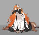  1girl black_footwear blood blood_on_clothes blood_on_ground bow broom dress frilled_dress frilled_sleeves frills hair_bow headband highres ishmael_(project_moon) limbus_company long_hair maid maid_headdress orange_hair project_moon shiqicheng slippers tentacles wavy_hair 