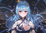  1girl blue_dress blue_eyes blue_gloves blue_hair blush crown dress earrings gloves hair_ornament haru_yu highres hololive hoshimachi_suisei hoshimachi_suisei_(stellar_into_the_galaxy) jewelry long_hair official_alternate_costume single_glove smile solo virtual_youtuber 