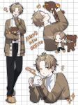  1boy alban_knox alban_knox_(3rd_costume) bangs_pinned_back black_pants brown_cardigan brown_hair cardigan closed_eyes coffee_mug commentary cup glasses green_eyes grey_eyes heterochromia highres holding holding_cup male_focus mug multiple_views nana72710193 nijisanji nijisanji_en open_cardigan open_clothes pants round_eyewear stuffed_animal stuffed_toy sweater teddy_bear virtual_youtuber white_sweater yawning 