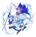  3girls armor blue_armor blue_cape blue_shirt blue_thighhighs breastplate cape fire_emblem fire_emblem:_the_binding_blade highres holding holding_polearm holding_weapon juno_(fire_emblem) looking_at_viewer multiple_girls open_mouth polearm shanna_(fire_emblem) shirt siblings sisters skirt smile thea_(fire_emblem) thigh-highs tsukimura_(d24f4z8j3t) weapon white_shirt white_skirt 