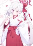  1girl blue_archive blush deadnooodles grey_hair grin hakama heart highres japanese_clothes long_hair long_sleeves looking_at_viewer miko mutsuki_(blue_archive) one_eye_closed red_hakama ribbon-trimmed_sleeves ribbon_trim side_ponytail smile solo violet_eyes wide_sleeves 