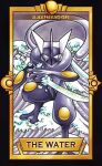  black_border border clouds cloudy_sky commentary crescent english_commentary english_text greninja holding holding_sword holding_weapon limited_palette long_tongue looking_at_viewer no_humans pokemon pokemon_(creature) quas-quas sky smash_ball solo star_(symbol) straight-on super_smash_bros. sword tarot tarot_(medium) tongue tongue_scarf waves weapon yellow_eyes 