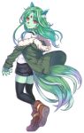  1girl animal_ears animal_hands animal_nose artist_request black_shorts black_thighhighs black_undershirt brown_footwear cholan_(monster_musume) claws colored_skin full_body fur-trimmed_jacket fur_trim game_cg green_hair green_jacket green_skin green_tail hood hood_down jacket lips long_hair looking_at_viewer monster_musume_no_iru_nichijou monster_musume_no_iru_nichijou_online official_art red_eyes shirt shoes shorts tachi-e tail thigh-highs transparent_background whiskers white_shirt 