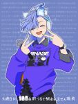  1boy animal_ear_headphones animal_ears blue_hair cat_ear_headphones closed_eyes commentary_request facing_viewer fake_animal_ears grey_shirt headphones highres holding holding_microphone holostars long_hair male_focus microphone minase_rio open_mouth outline purple_hair shirt shirt_under_sweater sleep_(artist) smile solo sweater translation_request upper_body v virtual_youtuber watch white_outline 