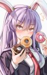  1girl absurdres animal_ears black_jacket blush breasts doughnut eating food food_in_mouth highres jacket long_hair maboroshi_mochi necktie pink_eyes purple_hair purple_nails rabbit_ears red_necktie reisen_udongein_inaba shirt solo touhou white_shirt 