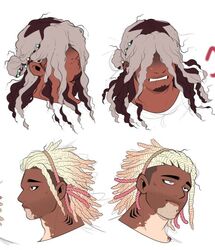  axolotl beard_stubble black_hair blonde_hair braid dark-skinned_male dark_skin gills grey_hair hair_bun heterochromia long_hair moosopp multiple_piercings original pink_hair shark shaved_beard 