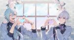  2boys aiue_o_eiua backlighting blue_bow blue_bowtie blue_eyes blue_hair blurry blurry_background bow bowtie bracelet brick_wall closed_mouth commentary_request flower heart heart_hands highres idolish7 jewelry light_blue_hair long_sleeves looking_at_viewer male_focus mezzo&quot; multiple_boys one_eye_closed open_mouth osaka_sougo pinstripe_pattern pinstripe_suit purple_bow purple_bowtie purple_hair ring rose shirt sleeves_rolled_up smile striped suit upper_body violet_eyes white_flower white_rose white_shirt white_suit window yotsuba_tamaki 