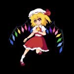  1girl black_background blonde_hair blush buttons closed_mouth collared_shirt dress_shirt fds_ty flandre_scarlet frilled_skirt frills full_body hat hat_ribbon light_smile looking_at_viewer mary_janes medium_hair mob_cap multicolored_wings one_side_up pixel_art puffy_short_sleeves puffy_sleeves red_eyes red_footwear red_ribbon red_skirt red_vest ribbon ribbon-trimmed_headwear ribbon_trim shirt shoes short_sleeves simple_background skirt skirt_set socks solo touhou vest white_headwear white_shirt white_socks wings wrist_cuffs 