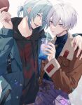  2boys :p absurdres aiue_o_eiua arm_around_shoulder black_hoodie blue_coat blue_eyes blue_hair brown_jacket coat commentary_request cup drinking_straw fur_trim gradient_background hand_up highres holding holding_cup hood hoodie idolish7 jacket light_blue_hair looking_at_viewer male_focus multiple_boys osaka_sougo pants parted_lips purple_hair purple_pants short_hair short_ponytail simple_background smile teeth tongue tongue_out violet_eyes yotsuba_tamaki 