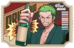  1boy alcohol barcode bottle coat earrings english_text green_coat green_hair holding holding_bottle jennyandloiryan jewelry male_focus one_eye_closed one_piece pectoral_cleavage pectorals roronoa_zoro scar scar_across_eye scar_on_chest scar_on_face short_hair sideburns single_earring smile solo ticket 