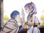 1boy 1girl blue_hair cape closed_mouth commentary dangle_earrings earrings elf frieren from_side gold_trim green_eyes himmel_(sousou_no_frieren) holding_another&#039;s_wrist jewelry long_hair looking_at_another nyoro_(nyoronyoro000) pointy_ears profile purple_hair short_hair sousou_no_frieren upper_body 