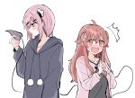  2girls 6t24413 ahoge blush brown_hair chiyoda_momo curled_horns demon_girl demon_horns demon_tail hair_ornament hood hoodie horns long_hair machikado_mazoku multiple_girls open_mouth pink_hair short_hair simple_background tail white_background yoshida_yuuko_(machikado_mazoku) 