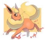  animal_focus artist_name closed_mouth commentary_request fire flareon highres iwasi_29 jumping mane no_humans orange_eyes pokemon pokemon_(creature) tail twitter_username two-tone_background white_background yellow_background 