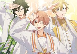  3boys :o aiue_o_eiua blonde_hair blue_eyes bow bowtie commentary_request glasses green_background green_bow green_bowtie green_eyes green_hair highres idolish7 izumi_mitsuki jacket looking_at_viewer male_focus multiple_boys necktie nikaido_yamato one_eye_closed open_mouth orange_background orange_eyes orange_hair orange_shirt pythagoras_trio rectangular_eyewear rokuya_nagi salute shading_eyes shirt smile teeth upper_body upper_teeth_only vest white_jacket white_vest yellow_background yellow_necktie yellow_shirt 