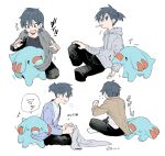  ^_^ black_pants blue_eyes blue_hair closed_eyes flying_sweatdrops gender_request highres hood hood_down hoodie long_sleeves motion_lines multiple_views musical_note newo_(shinra-p) open_mouth pants phanpy pokemon pokemon_(creature) shirt sigh simple_background sitting sweatdrop translation_request 