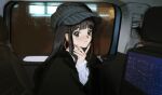  1girl alternate_costume black_hair blush cardcaptor_sakura daidouji_tomoyo earrings hat highres jewelry light ling5707 looking_at_viewer shadow smile solo vehicle_interior 