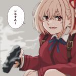  1girl blonde_hair blue_ribbon breasts collared_shirt commentary_request dress gun hair_between_eyes hair_ribbon handgun highres holding holding_gun holding_weapon large_breasts long_sleeves looking_at_viewer lower_teeth_only lycoris_recoil lycoris_uniform neck_ribbon nishikigi_chisato one_side_up open_mouth red_dress red_eyes red_ribbon ribbon shirt short_hair smoke solo speech_bubble teeth translated weapon white_shirt yarou_(0tyaro) 