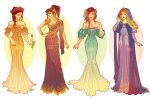  4girls ariel_(disney) aurora_(disney) beauty_and_the_beast belle_(disney) blonde_hair bracelet closed_eyes commentary disney dress english_commentary hannahartwork hercules_(1997_film) jewelry long_dress long_hair looking_to_the_side megara_(disney) multiple_girls puffy_short_sleeves puffy_sleeves redhead short_sleeves simple_background sleeping_beauty strapless strapless_dress the_little_mermaid white_background 