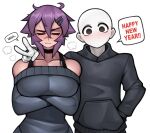  1boy 1girl absurdres anger_vein arm_around_shoulder bald black_choker black_hoodie bra_strap breasts choker collarbone commentary crossed_arms english_commentary english_text grey_sweater hair_between_eyes hair_ornament hairclip hand_in_pocket happy_new_year highres hood hoodie huge_breasts looking_at_viewer maya_(roadi3) no_mouth off-shoulder_sweater off_shoulder original purple_hair roadi3 scar scar_on_face scar_on_nose short_hair speech_bubble sweatdrop sweater v white_background 