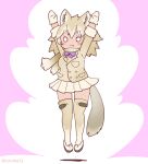  1girl animal_ears arms_up bow bowtie coroha extra_ears full_body gloves grey_hair jacket jumping kemono_friends kemono_friends_3 long_hair looking_at_viewer pink_background shoes simple_background skirt solo tail thigh-highs tundra_wolf_(kemono_friends) wolf_ears wolf_girl wolf_tail 