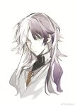  1boy black_sweater bungou_stray_dogs chinese_commentary closed_mouth collared_vest commentary_request cui_(jidanhaidaitang) earrings eyelashes frown grey_vest highres jacket jewelry long_hair looking_at_viewer male_focus multicolored_hair necktie orange_necktie purple_hair sigma_(bungou_stray_dogs) simple_background single_earring solo sweater turtleneck turtleneck_sweater two-tone_hair upper_body vest violet_eyes watermark weibo_logo weibo_username white_background white_hair white_jacket 
