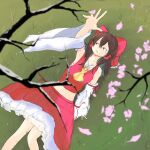  1girl ascot blurry blurry_background bow branch brown_hair cherry_blossoms commentary depth_of_field detached_sleeves english_commentary grass hair_bow hair_tubes hakurei_reimu highres medium_hair outdoors parted_lips red_bow red_eyes red_shirt red_skirt ribbon-trimmed_sleeves ribbon_trim shirt skirt snow solo touhou wackapuff wide_sleeves yellow_ascot 