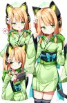  1girl animal_ear_headphones animal_ears black_thighhighs blonde_hair blue_archive blue_bow blush bow cat_tail closed_mouth fake_animal_ears green_eyes green_halo green_kimono hair_bow halo handheld_game_console headphones heart highres holding holding_handheld_game_console japanese_clothes kimono long_sleeves midori_(blue_archive) multiple_views obi open_mouth sabana sash short_hair simple_background smile spoken_heart tail thigh-highs white_background wide_sleeves 