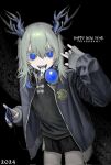  1girl 2024 black_background black_nails blue_eyes fangs giv_81 hair_between_eyes happy_new_year headphones headphones_around_neck highres holding horns long_sleeves looking_at_viewer nail_polish open_clothes open_mouth original solo tongue tongue_out 